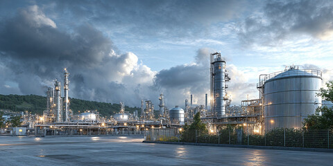 Petrochemical refinery with steel tanks and processing towers under dramatic sky. Concept of fuel production, chemical industry operations, large-scale infrastructure and energy engineering visuals.