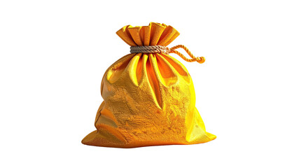 Tied golden pouch filled with treasure, isolated on black