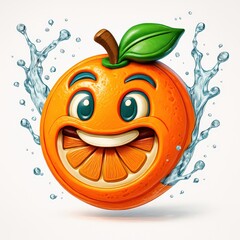 Happy cartoon orange with water splashes and inner slices