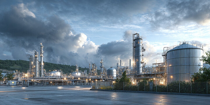 Petrochemical refinery with steel tanks and processing towers under dramatic sky. Concept of fuel production, chemical industry operations, large-scale infrastructure and energy engineering visuals. - Powered by Adobe