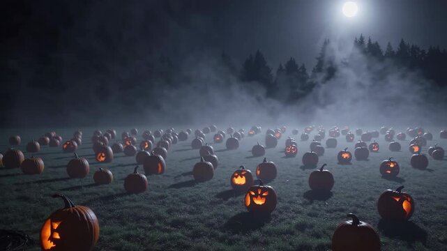 A Mysterious Pumpkin Patch Illuminated by Moonlight on a Chilling Halloween Night