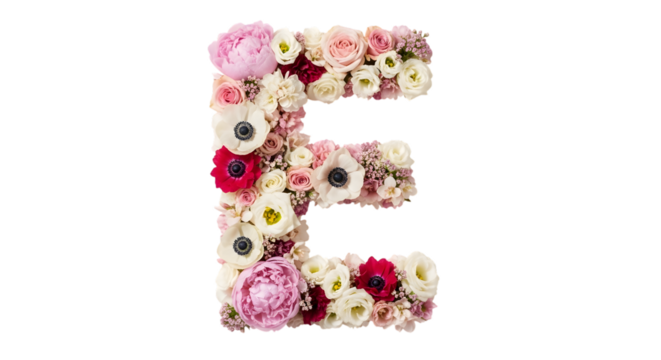 Elegant letter e formed from delicate pink white and red flowers against a black background