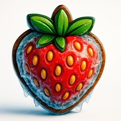 Iced strawberry with wooden frame and green leaves