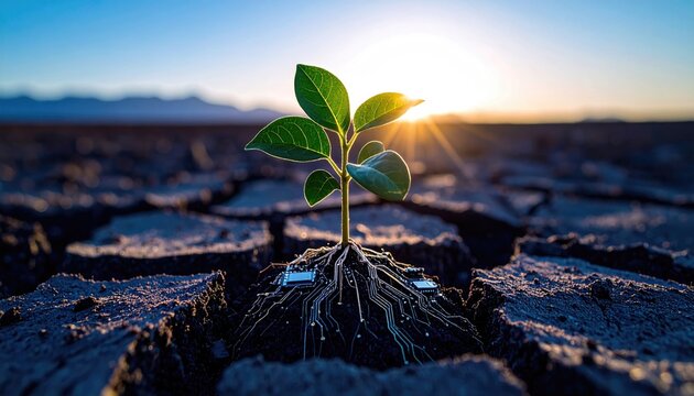A lush, green plant growing out of a cracked, desolate landscape, with roots made of recycled electronic components 