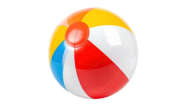 Round inflatable beach ball, striped in red, white, orange, blue