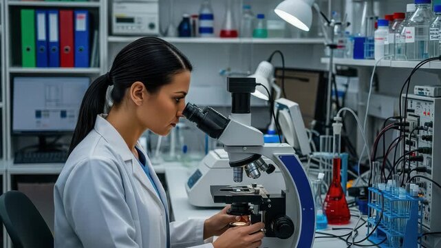 Female scientist using microscope in laboratory for scientific research work video generative ai - Powered by Adobe