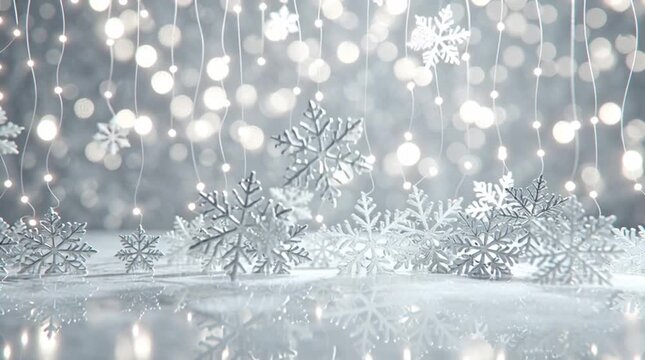 A clean, minimalist matte white surface reflecting subtle festive lights, with a central warm glow creating an elegant and understated holiday backdrop or product display.