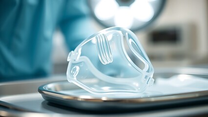 bifocal. A clear anesthesia mask on a sterile steel tray in a clinical setting. STEM education sheets, lab safety posters, designed for STEM education and laboratory safety posters.