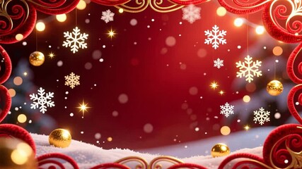 Crimson glowing snowflake background with golden particles and ornate edges