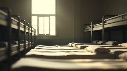 pudica. Military barracks with rows of empty beds in soft morning light. real-estate listings, architecture portfolios, designed for architectural facade and classical detail presentations.
