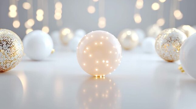 A clean, minimalist matte white surface reflecting subtle festive lights, with a central warm glow creating an elegant and understated holiday backdrop or product display.