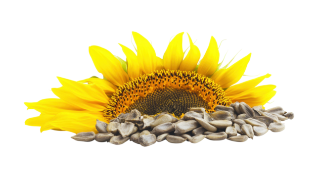Sunflower bloom with pile of seeds isolated on a transparent background