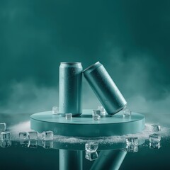Two teal beverage cans on a teal platform with ice and mist