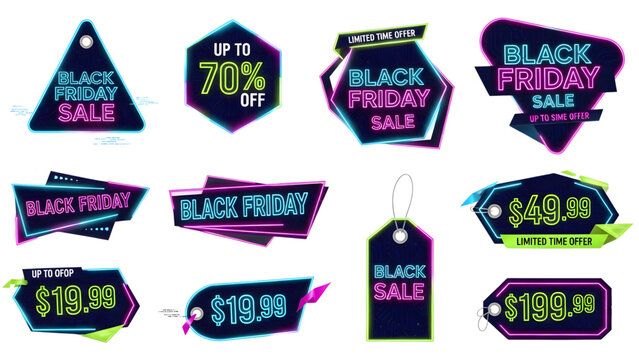 Dynamic neon Black Friday sale tags and banners offer incredible discounts and limited time deals for shoppers seeking ultimate savings