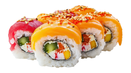 Sushi rolls with salmon and tuna isolated on a transparent background