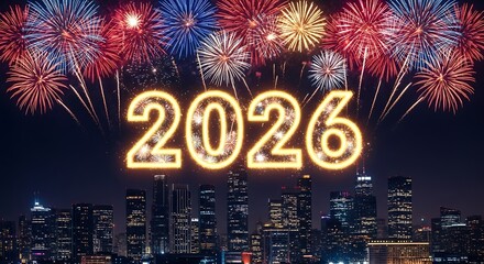 Bright 2026 new year s eve fireworks illuminate a modern city skyline at night