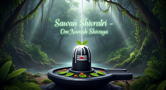 A serene depiction of sawan shivratri, showcasing a shiva lingam adorned with a bilva leaf, set amidst a lush green forest, creating a spiritual and tranquil atmosphere