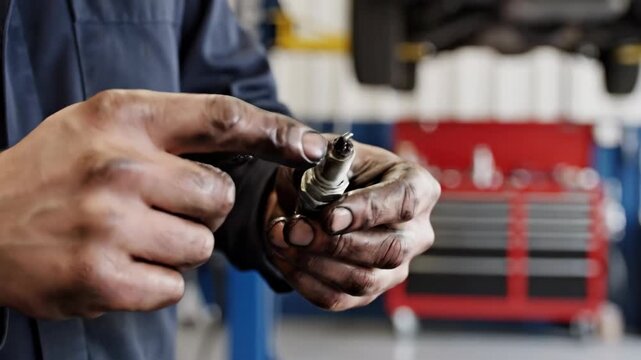 Auto mechanic inspecting an old spark plug. Male professional analyzing car engine part in workshop for vehicle maintenance.