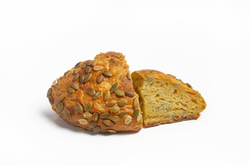 Two slices of fresh pumpkin bread with seeds on a white isolated background. Healthy food