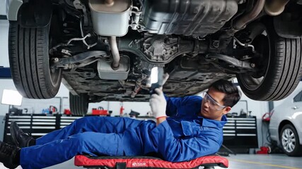 Asian man auto mechanic inspecting a car exhaust system underneath a raised vehicle in an auto repair shop.