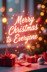 Vibrant, vertical Merry Christmas greetings featuring warm bokeh lights, wrapped red gifts, ornaments, and a glowing neon-style message for universal holiday cheer.