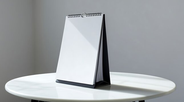 A Blank desk calendar standing upright on a pristine white table with a subtle sheen, featuring a sleek tent-style design with a sturdy spiral bound top.