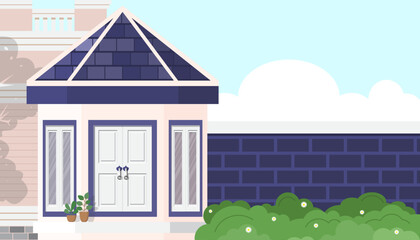 Element of House with octagonal roof design on blue brick wall and copy space.