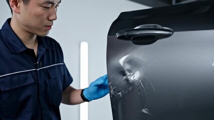 Asian man inspecting car door damage. Auto mechanic checking dent and scratch on vehicle body. Auto service and repair concept.