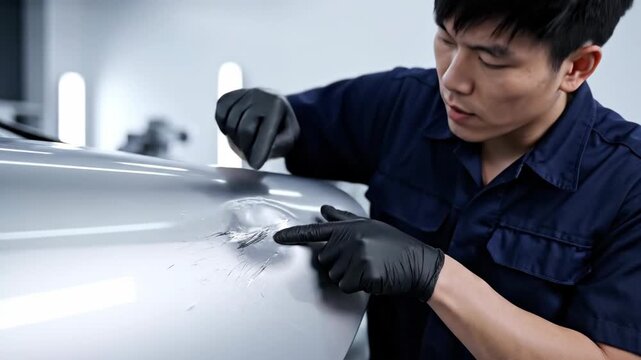 Asian man auto mechanic inspecting deep scratch and applying paint protection film on car body at repair shop.