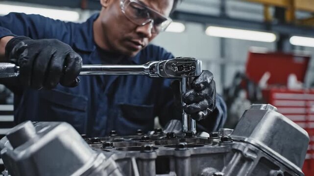 Asian man auto mechanic tightening engine bolts with a torque wrench in a repair workshop for maintenance and service.