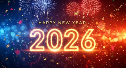 Bright neon 2026 glowing numbers with fireworks and confetti celebrating new year