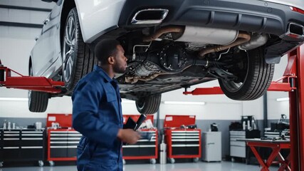 African american man mechanic performing car suspension inspection using flashlight in a professional auto service workshop.