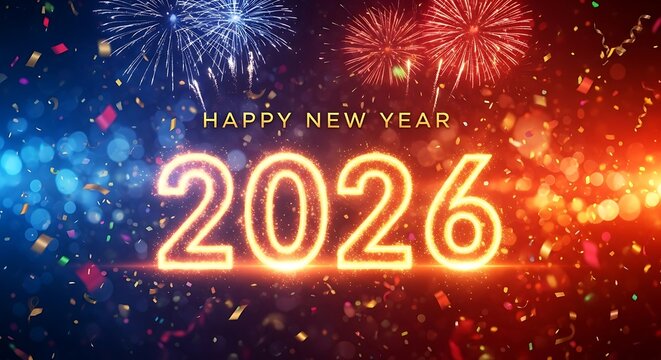 Bright neon 2026 glowing numbers with fireworks and confetti celebrating new year