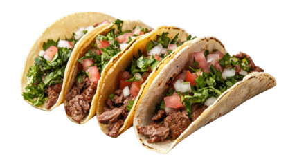 Three beef tacos with cilantro and onion isolated on a transparent background