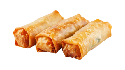 Three golden fried spring rolls isolated on a transparent background