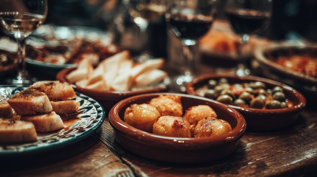 Rustic Spanish Table Features Wine Paired With an Array of Delicious Tapas in a Warm Setting