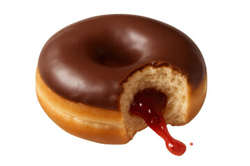 Obraz premium Chocolate iced donut with a bite showing red jelly filling spilling, sweet pastry dessert on transparent background