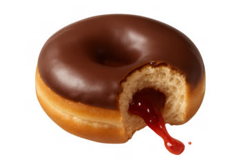 Chocolate iced donut with a bite showing red jelly filling spilling, sweet pastry dessert on transparent background
