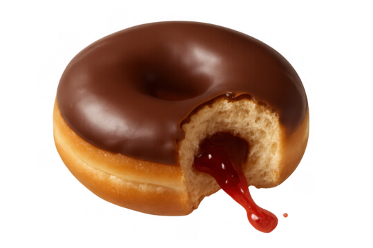 Chocolate iced donut with a bite showing red jelly filling spilling, sweet pastry dessert on transparent background