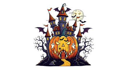 Spooky pumpkin castle with ghosts and bats for Halloween