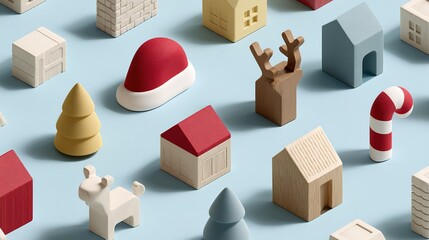 Wood-style Christmas Decoration Elements on Light Blue Background, Festive Decoration Design Material
