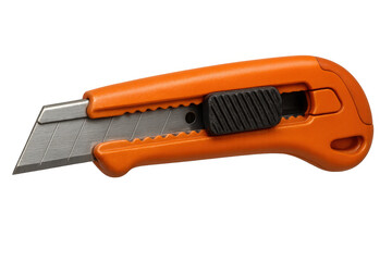 Obraz premium Orange utility knife with a retractable sharp blade, featuring a black slider, isolated on a transparent background