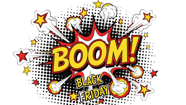 Dynamic comic book style BOOM! graphic with Black Friday sale text, perfect for advertising campaigns and promotional materials