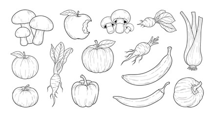 Line art illustration of various fruits and vegetables.