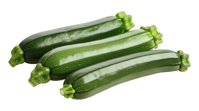 Three green zucchini with stripes isolated on a transparent background