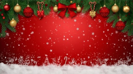 Festive Christmas Border With Pine Branches, Ornaments, And Snowflakes On Red Background