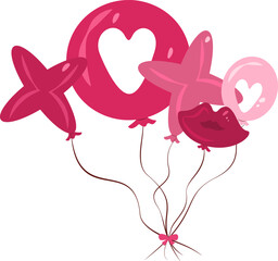 Cute, glossy vector balloon cluster featuring "XO" shapes, a heart cutout, and kiss lips, perfect for Valentine's Day greeting cards and romantic celebrations.