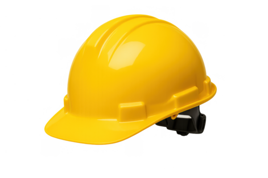 Yellow industrial hard hat on a transparent background, symbolizing safety, construction, worker protection, and engineering