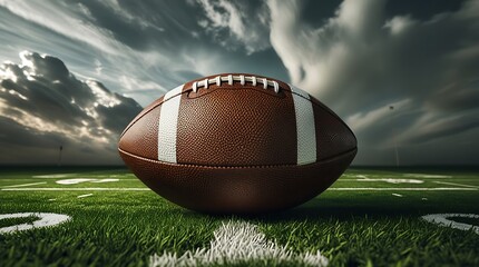 Photo of a low-angle shot of a worn American football positioned on the lush green grass of the field with visible yard markers and subtle gridiron patterns, under a dramatic cloudy sky.