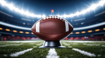 Photo of a pristine American football resting on a sleek kickoff tee, set against a backdrop of bright stadium lights that create a dramatic rim-light effect.